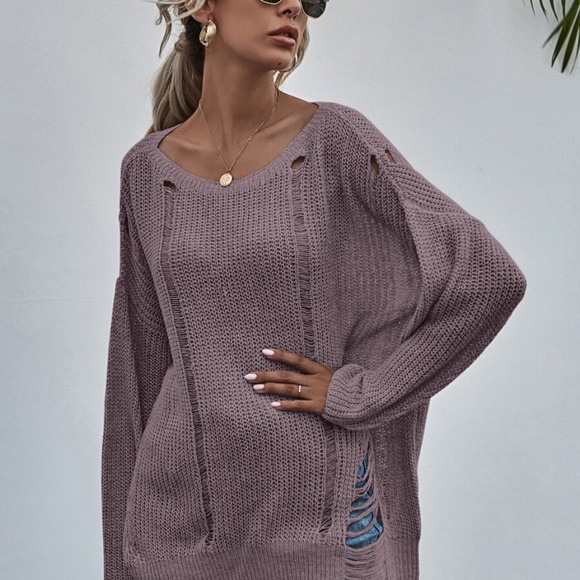 Grey off shoulder distressed oversize knit sweater - Picture 7 of 13